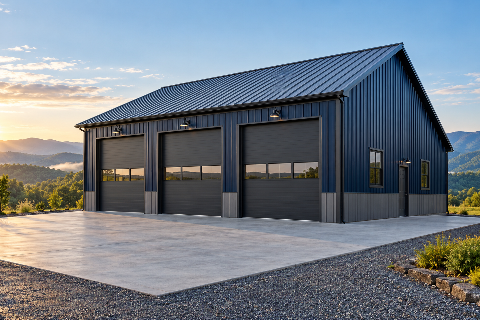 Illustrative navy metal building with three garage bays and Appalachian hills beyond
